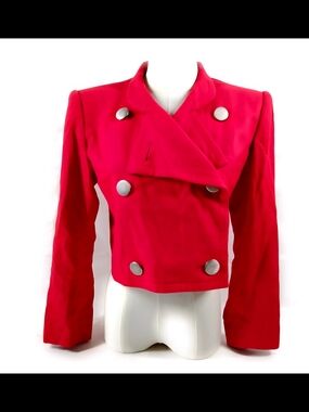 Vintage YSL Cropped Double-Breasted Red Wool Jacket With Padded Sleeves Sz S